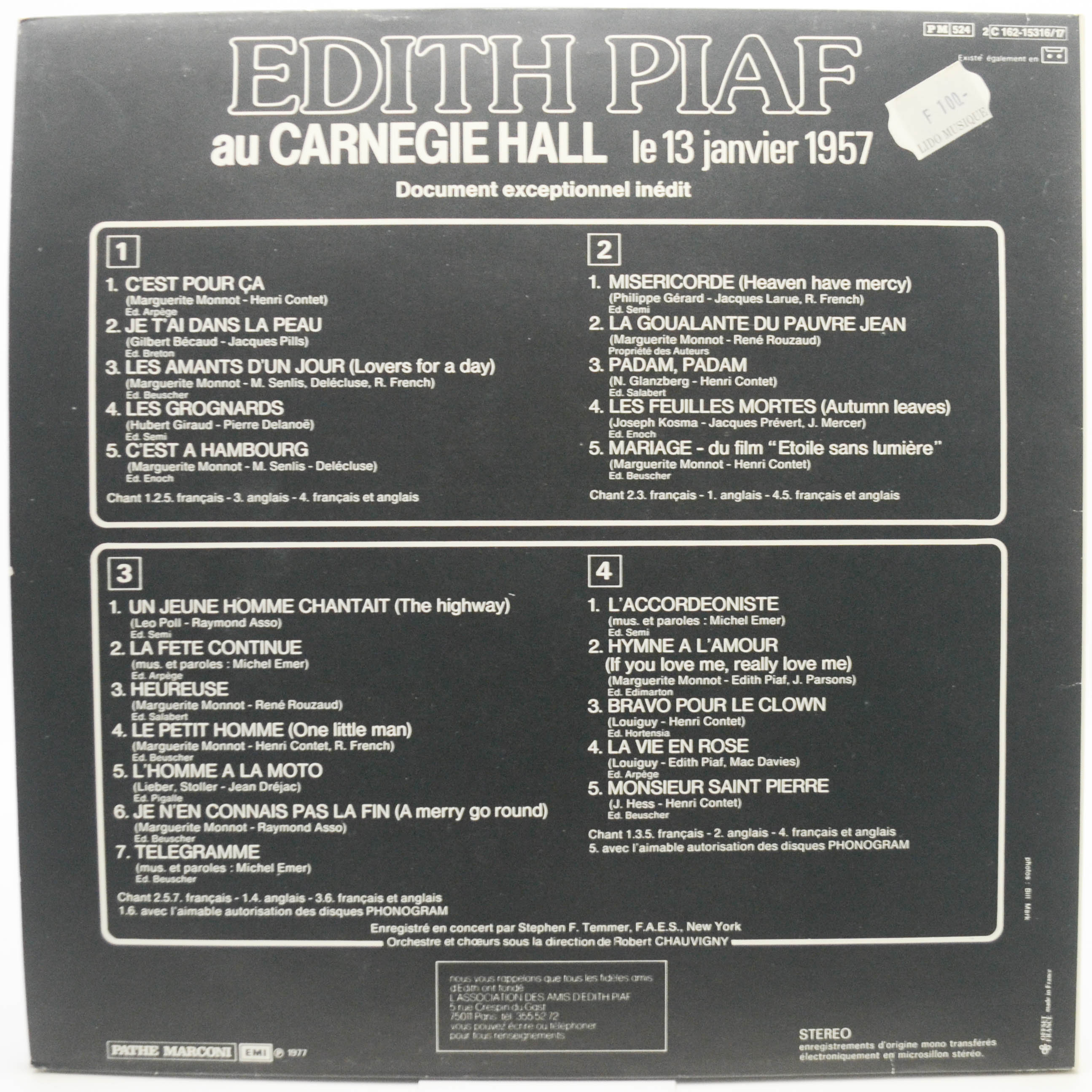 Edith Piaf — Au Carnegie Hall Le 13 Janvier 1957 (2LP, 1-st, France), 1977