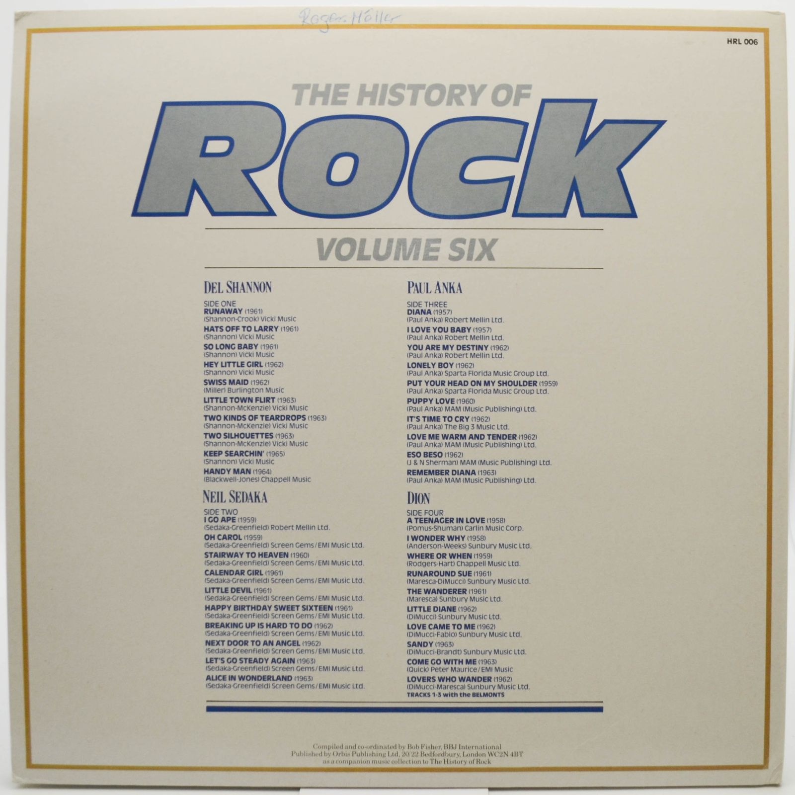 Del Shannon / Neil Sedaka / Paul Anka / Dion — The History Of Rock (Volume Six) (2LP, UK), 1982