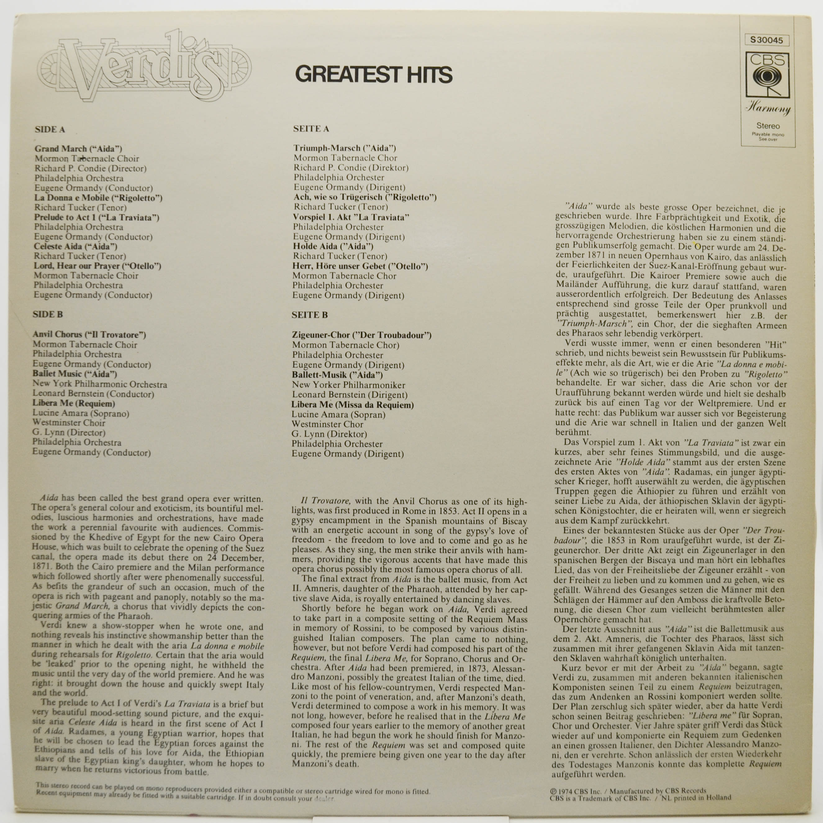 Various — Verdi's Greatest Hits, 1974