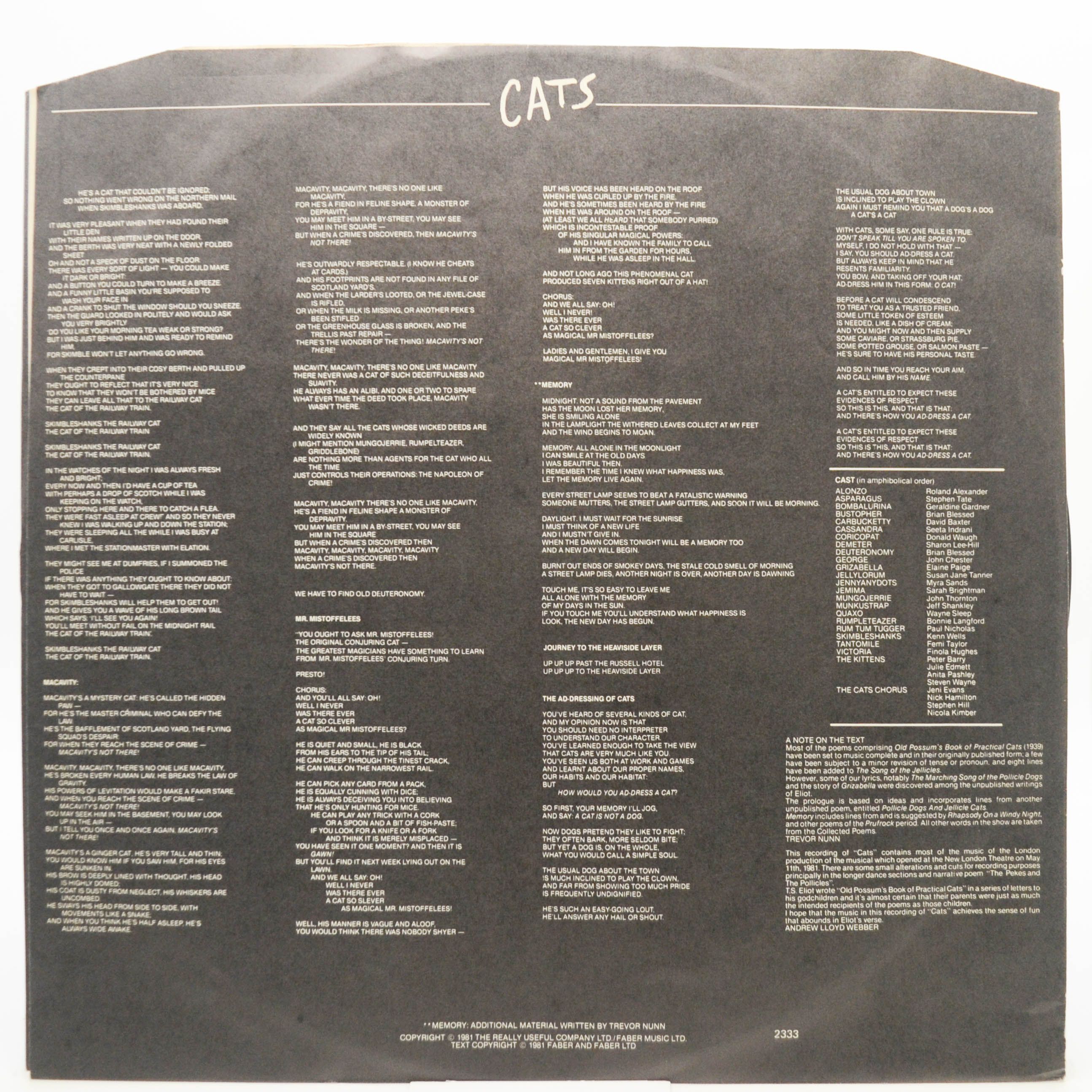 Andrew Lloyd Webber — Cats (2LP), 1981
