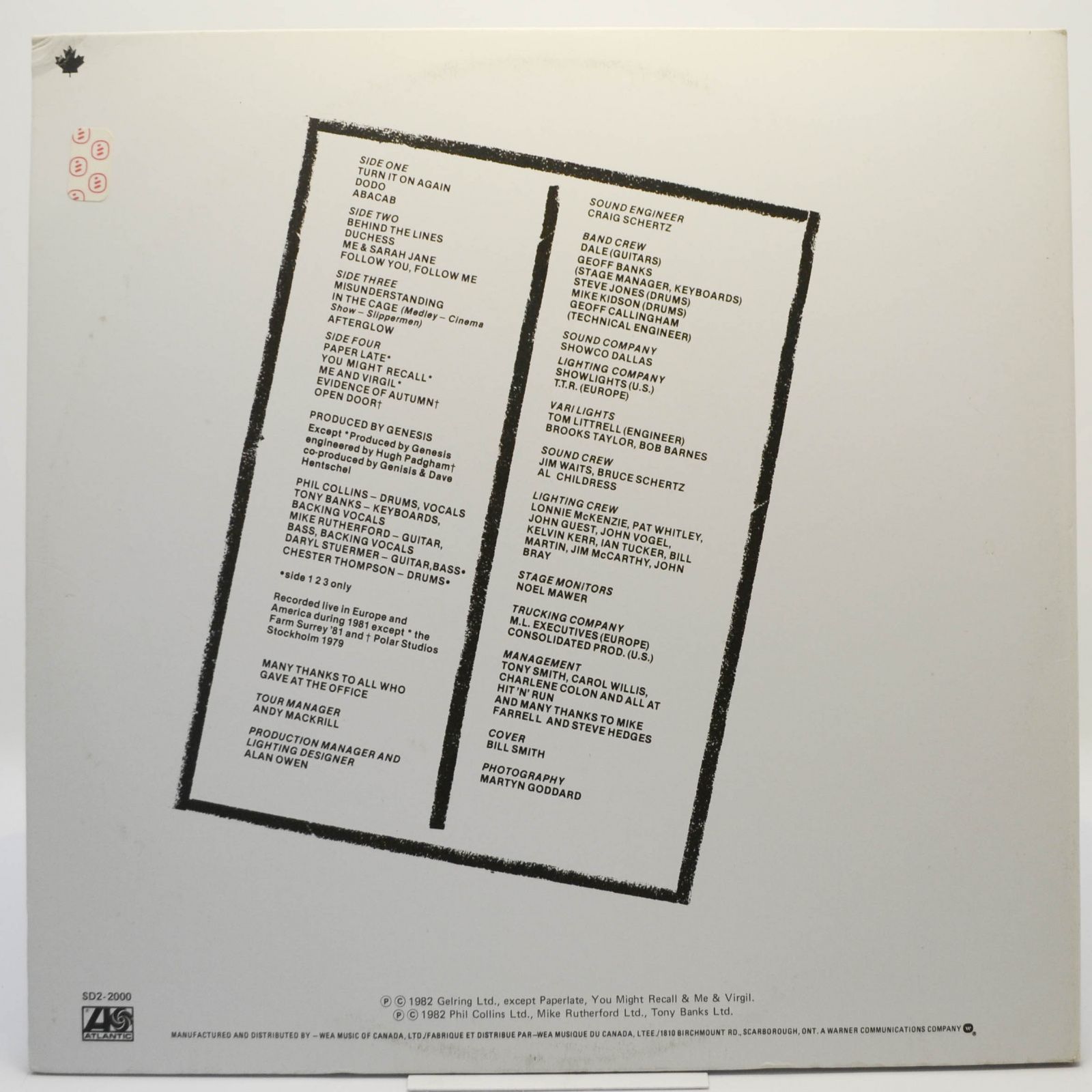 Genesis — Three Sides Live (2LP), 1982