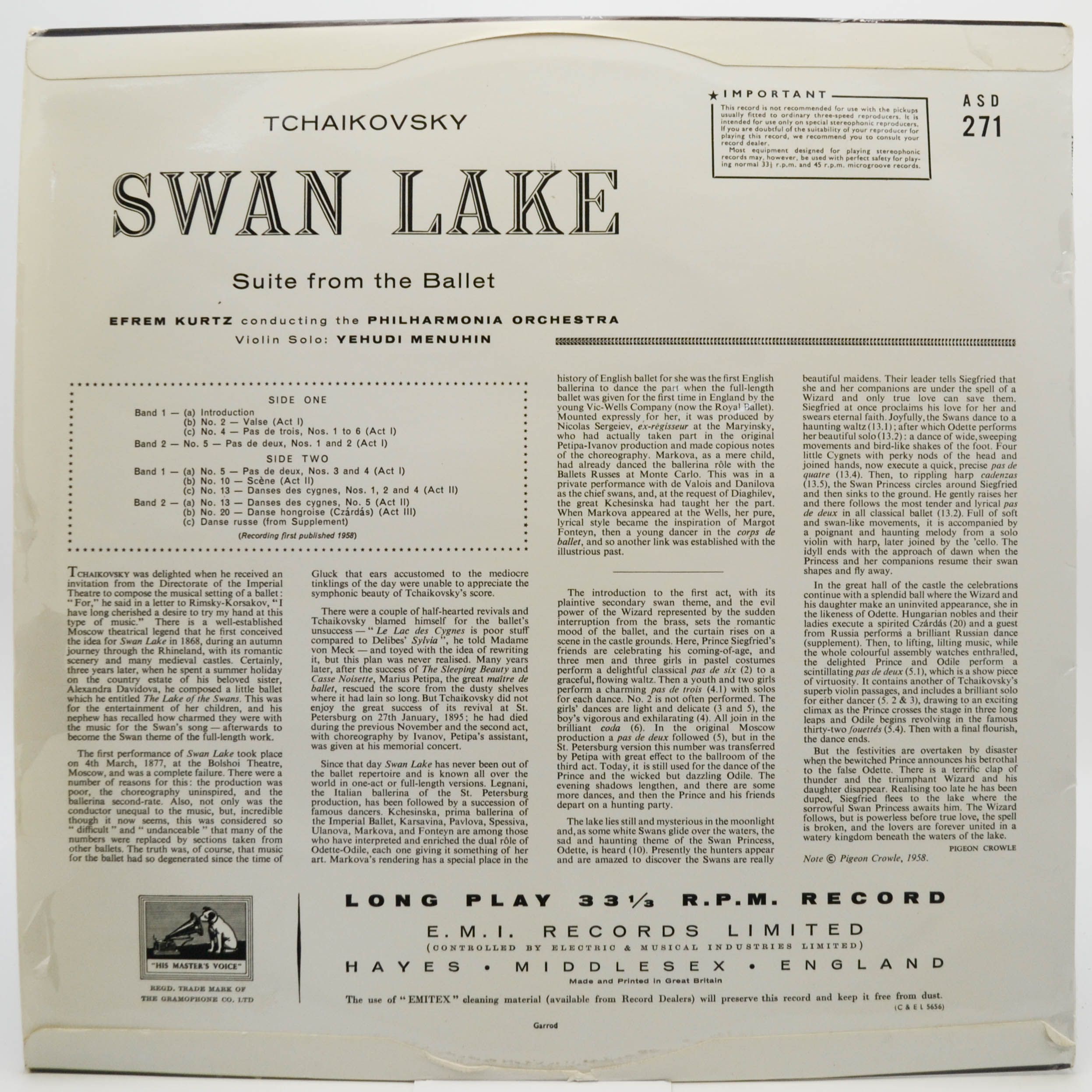 Tchaikovsky / Efrem Kurtz / Philharmonia Orchestra / Yehudi Menuhin — Swan Lake: Suite From The Ballet (UK), 1958