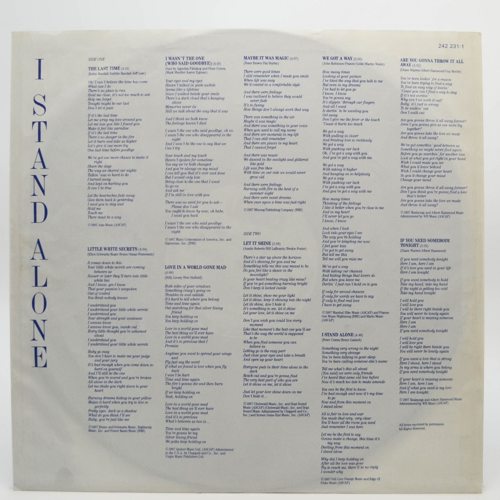 Agnetha Fältskog — I Stand Alone, 1987