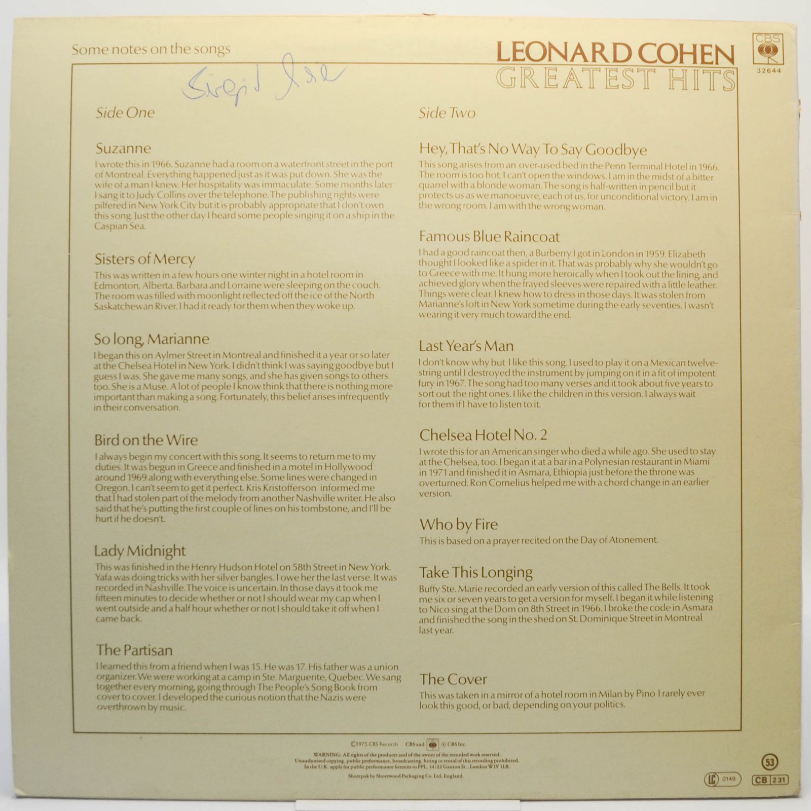 Leonard Cohen — Greatest Hits (UK), 1975