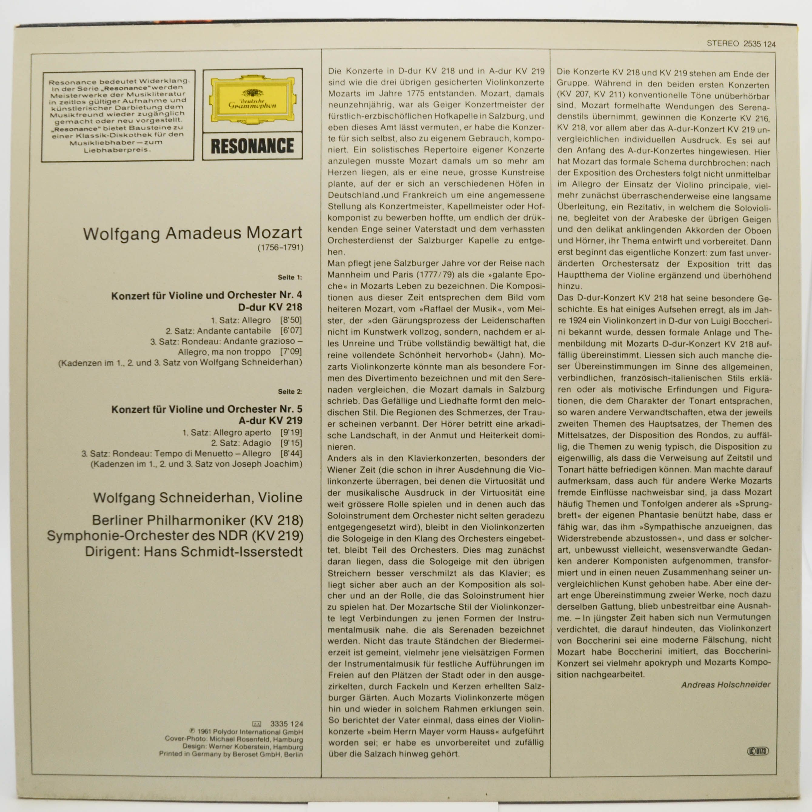 Mozart - Wolfgang Schneiderhan / Berliner Philharmoniker, Symphonie-Orchester Des NDR, Hans Schmidt-Isserstedt — Violinkonzerte Nr. 4 Und Nr. 5, 1976