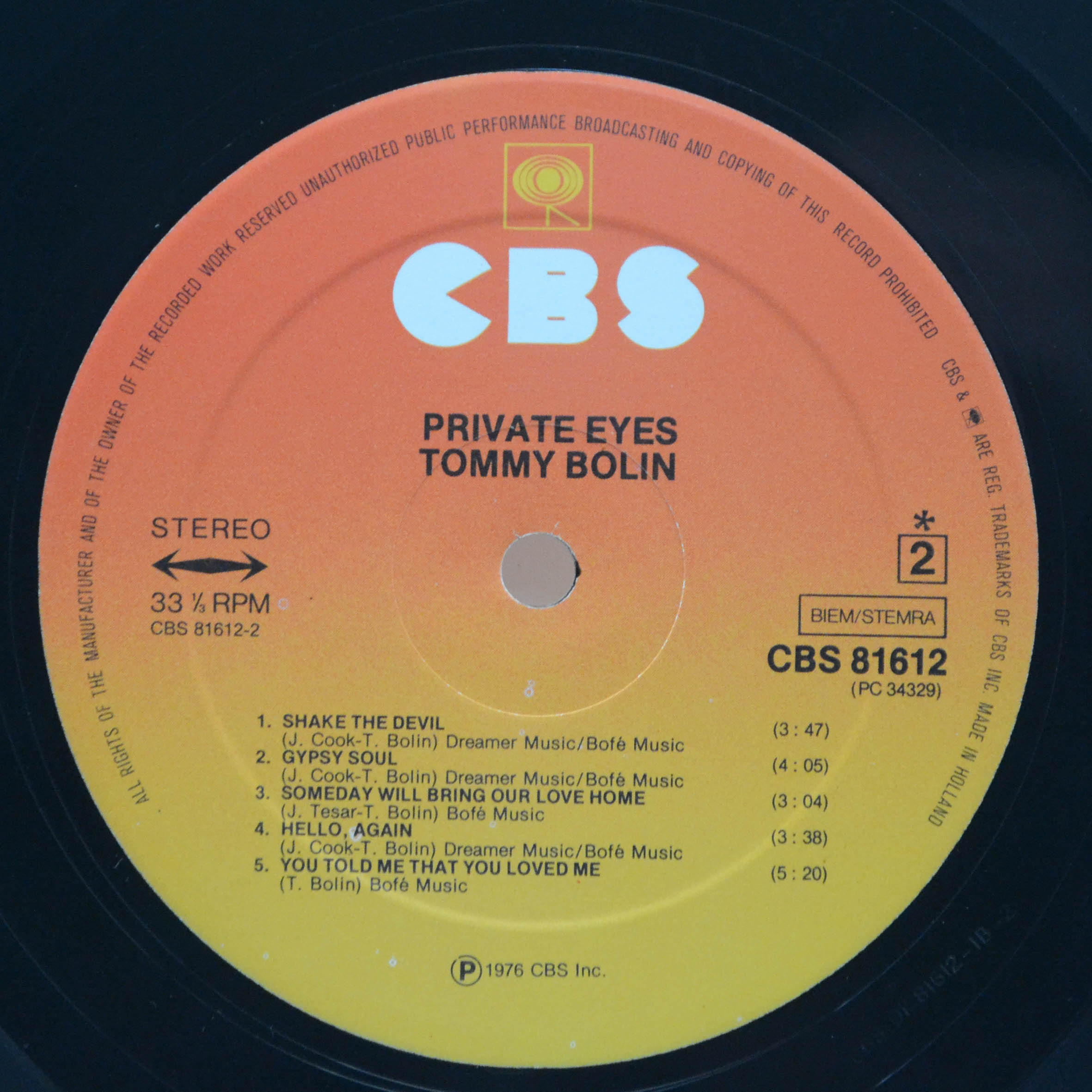 Виниловая пластинка Tommy Bolin — Private Eyes, 1976