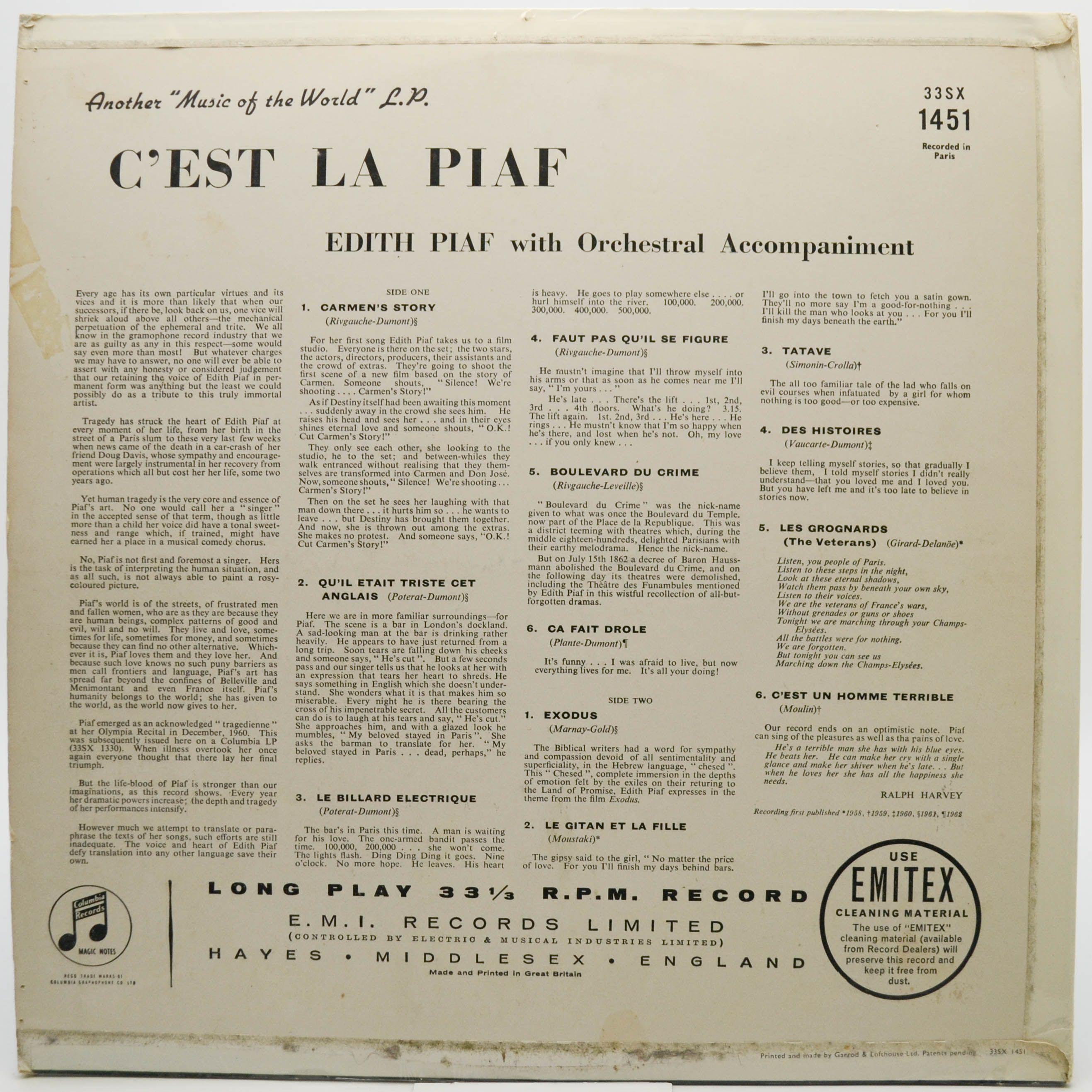 Edith Piaf — C'est la Piaf! Twelve Electrifying Performances. (UK), 1964