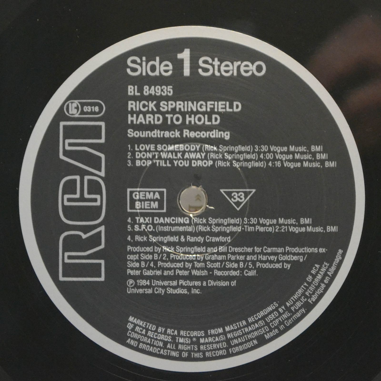Rick Springfield — Hard To Hold - Soundtrack Recording, 1984