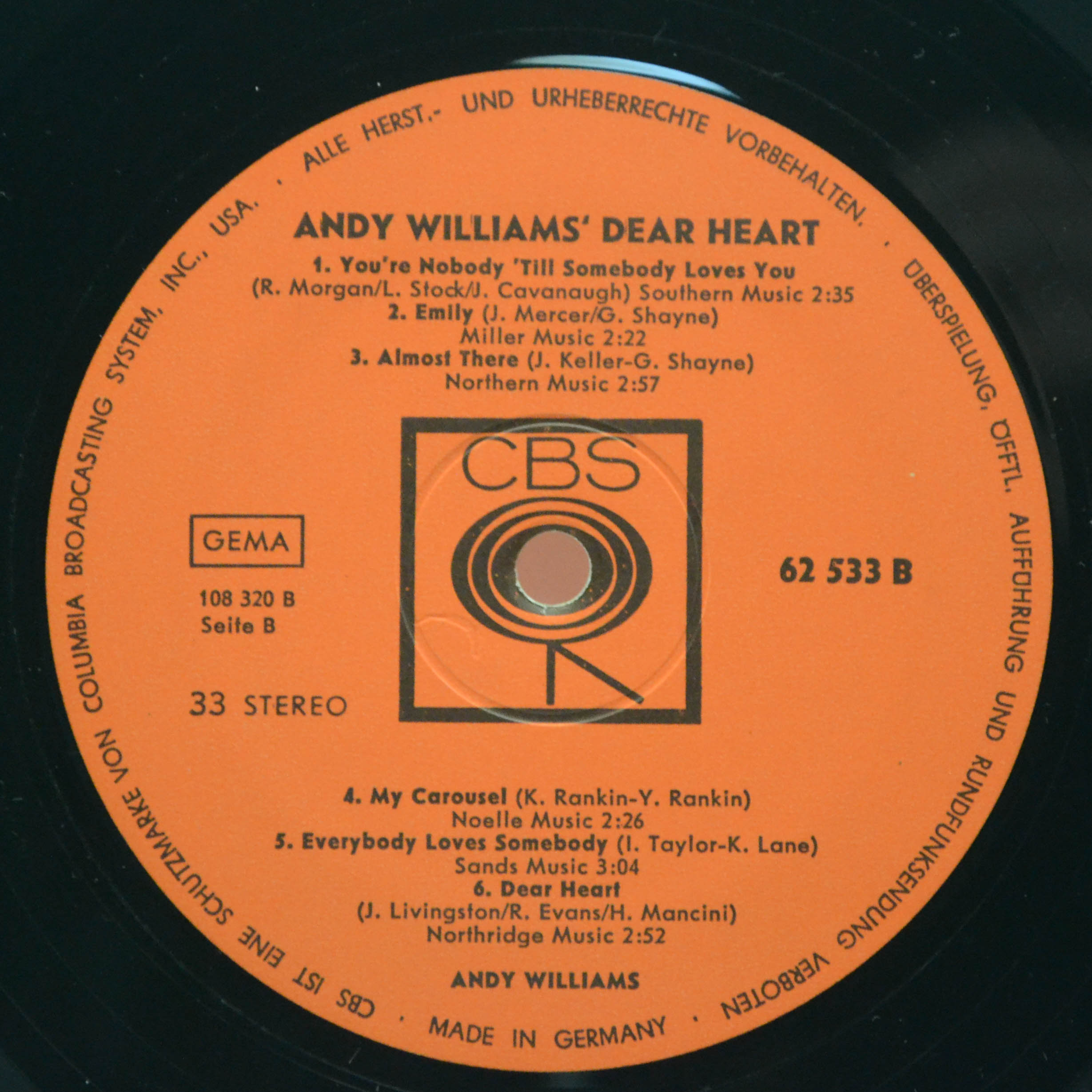 Виниловая пластинка Andy Williams — Andy Williams' Dear Heart, 1965