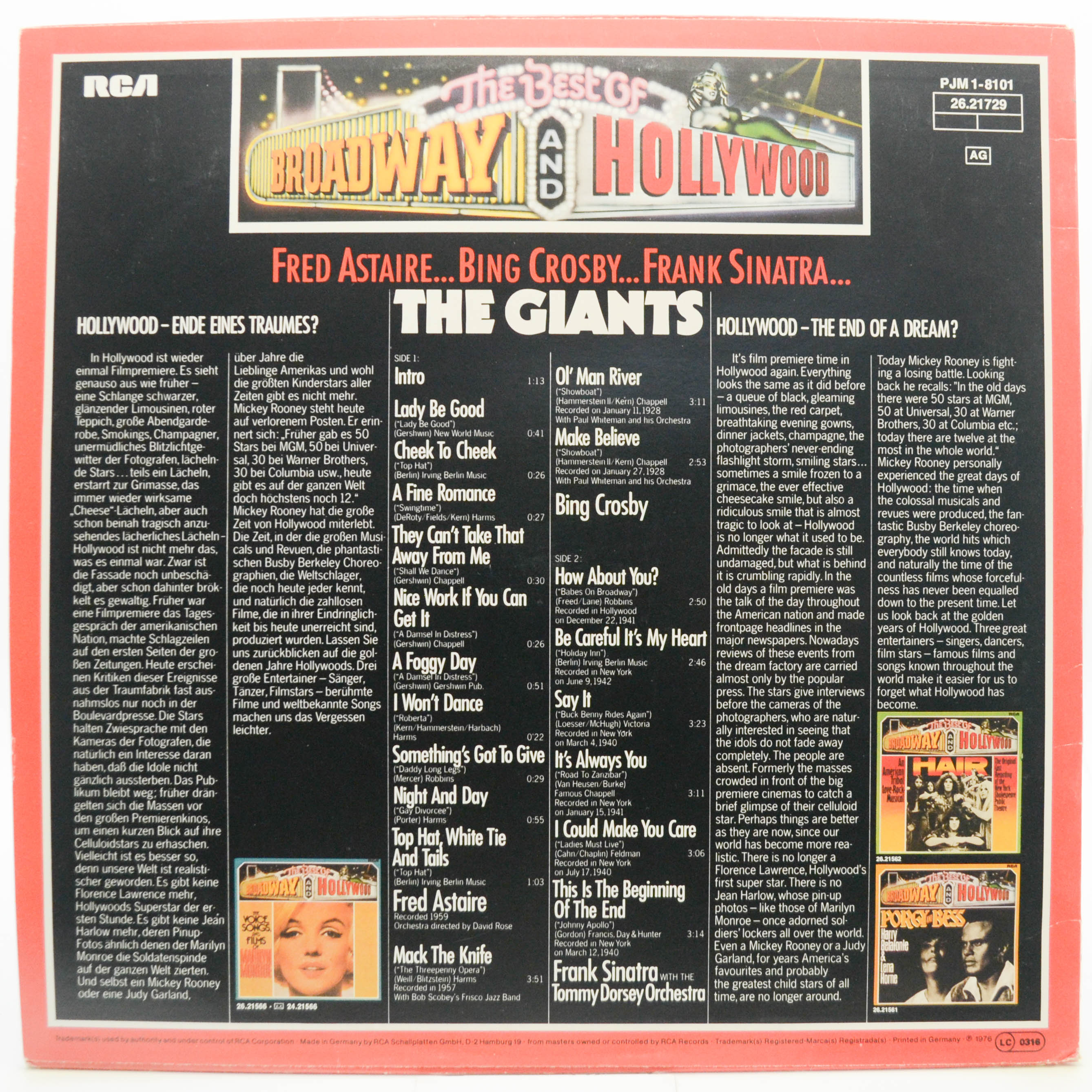 Виниловая пластинка Frank Sinatra, Fred Astaire, Bing Crosby — The Best Of Broadway And Hollywood - The Giants, 1976