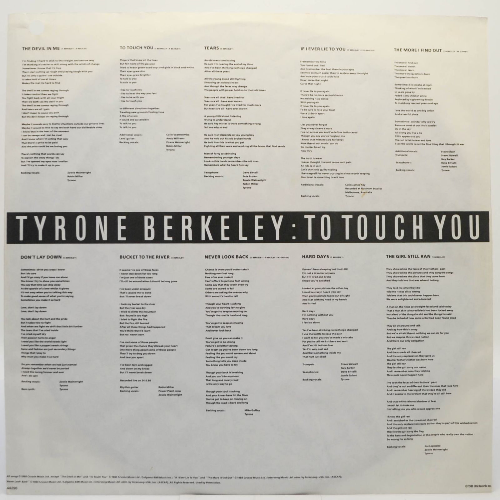 Tyrone Berkeley — To Touch You, 1989