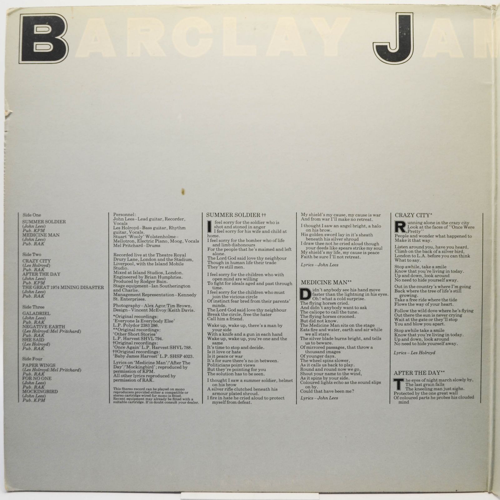 Barclay James Harvest — Live (2LP, UK), 1974