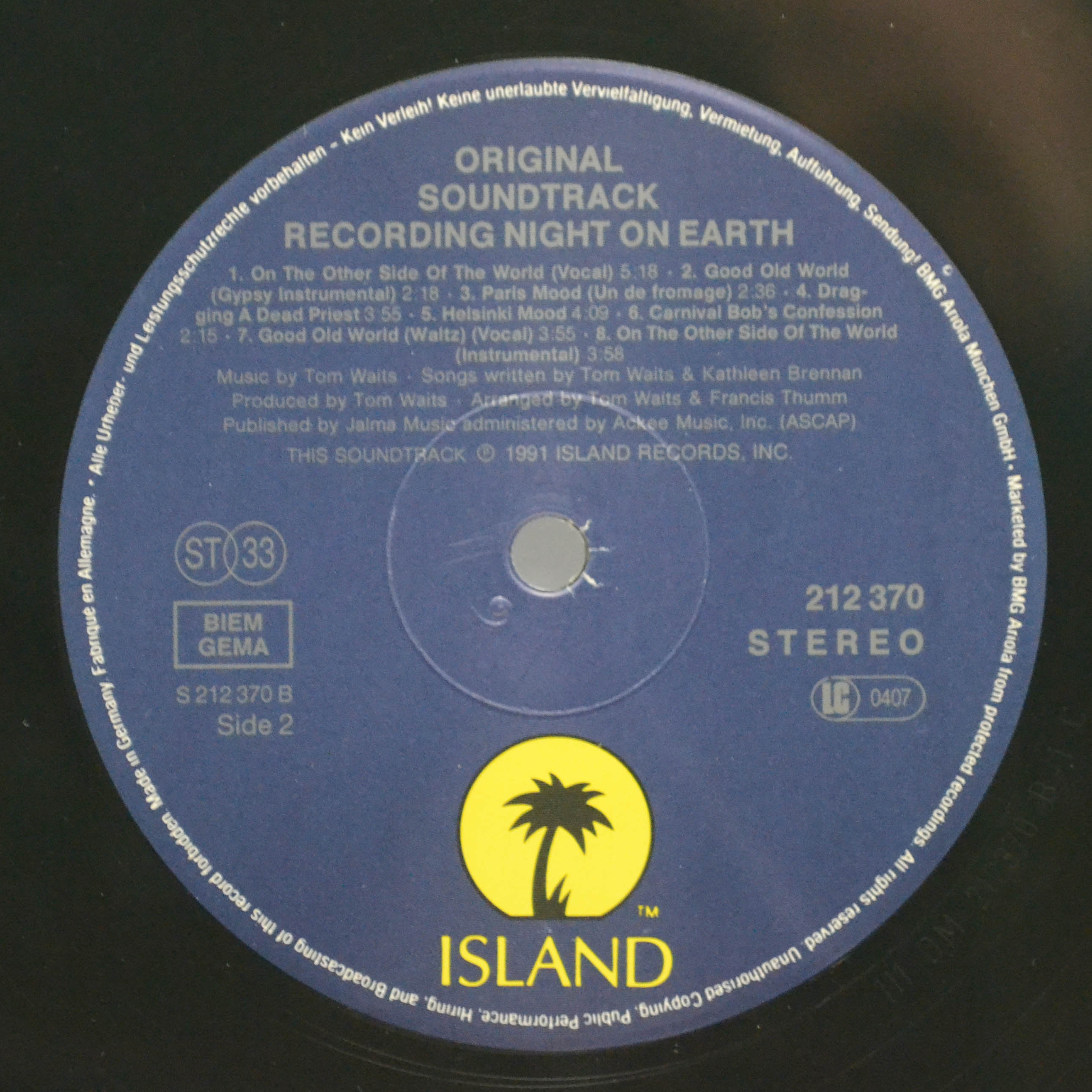 Виниловая пластинка Tom Waits — Night On Earth (Original Soundtrack Recording), 1991
