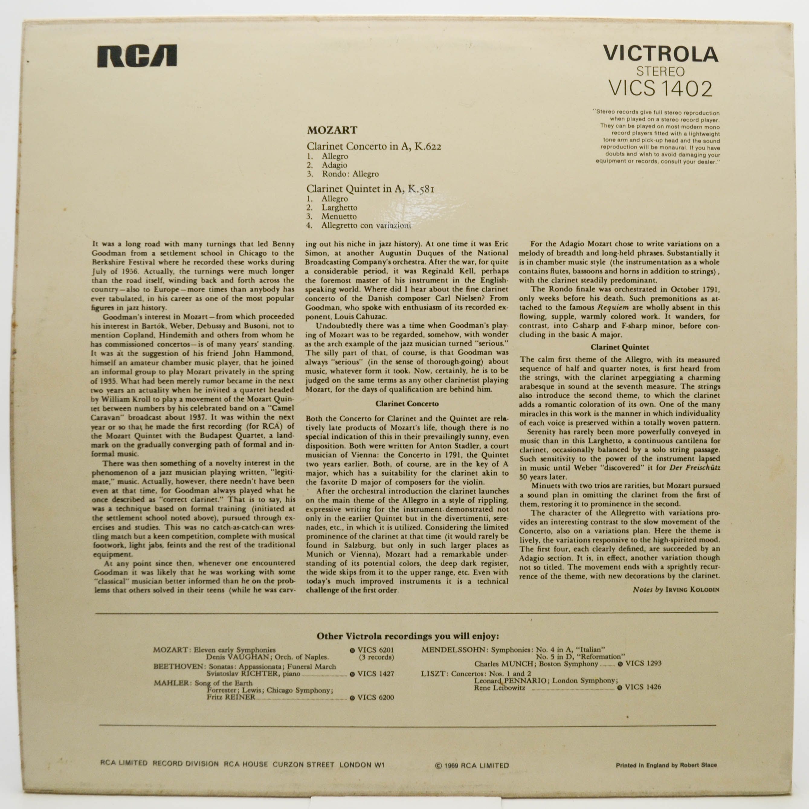 Виниловая пластинка Mozart — Benny Goodman : Munch : Boston Symphony – Clarinet Concerto · Clarinet Quintet (UK), 1957
