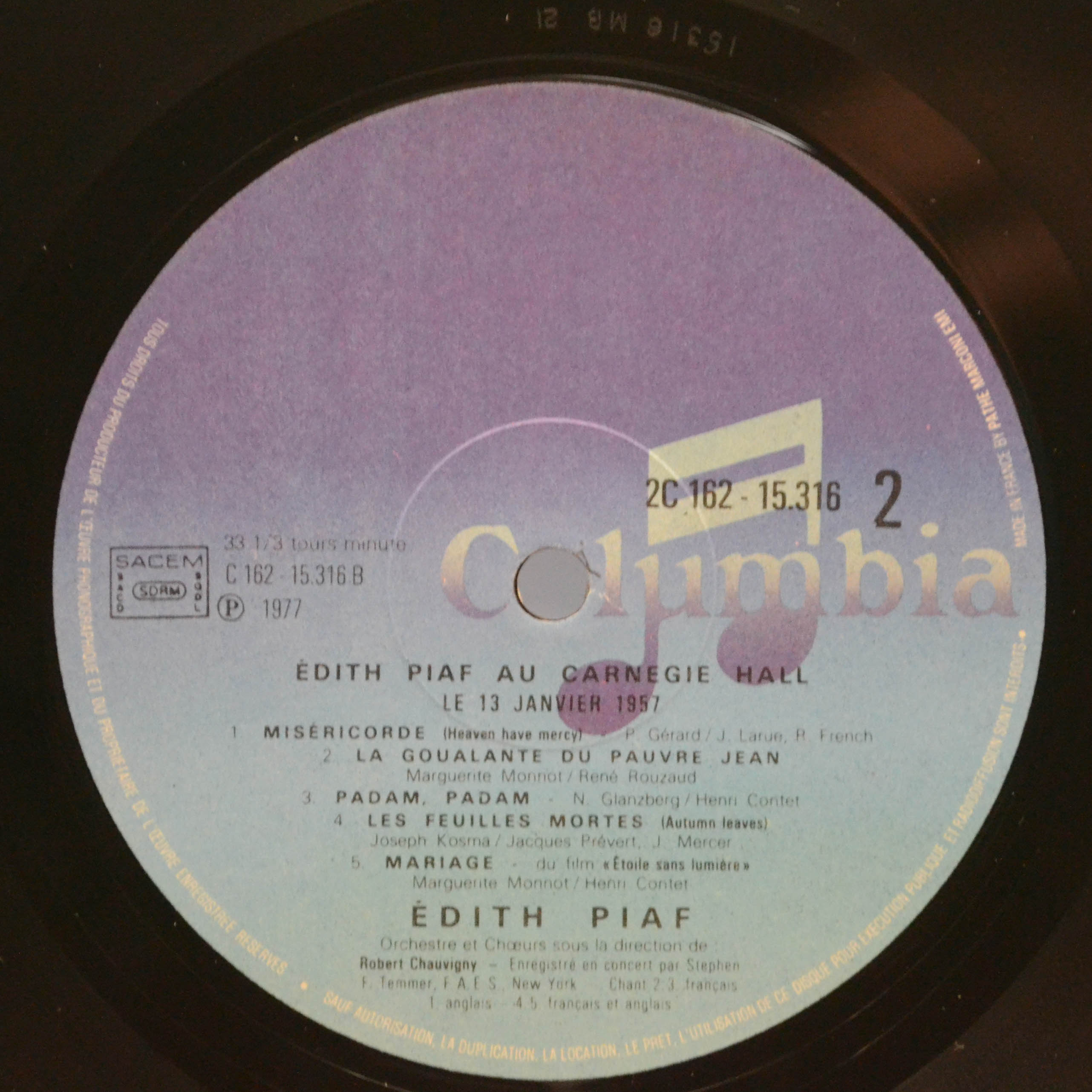 Edith Piaf — Au Carnegie Hall Le 13 Janvier 1957 (2LP, 1-st, France), 1977